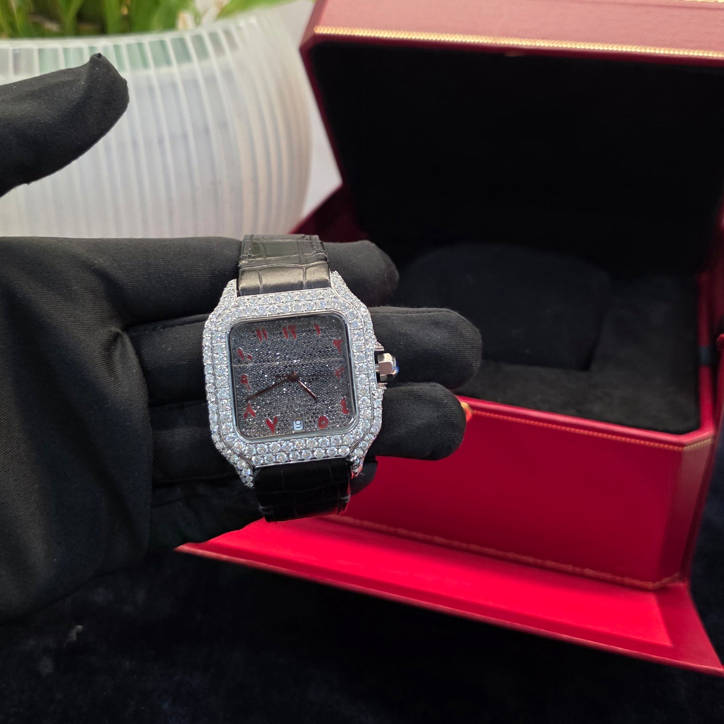 bust down watch iced out watch women 41mm black dial red roman square watch leather strap