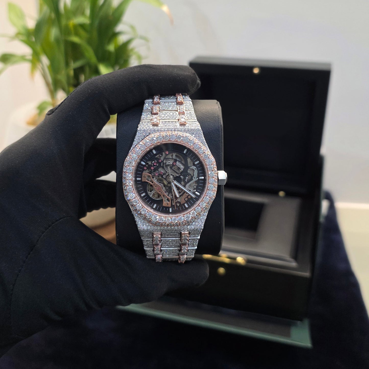 iced out bust down watch 41mm men | skeleton dial icedout watch rose & white
