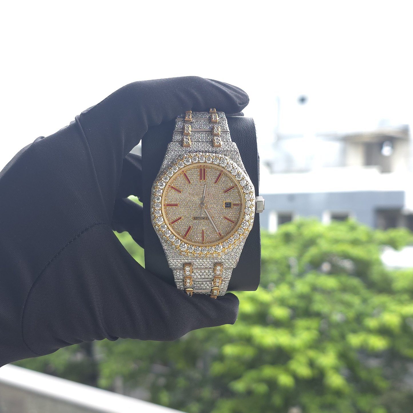 bust down moissanite watch | 41mm | yellow | iced out | red meena