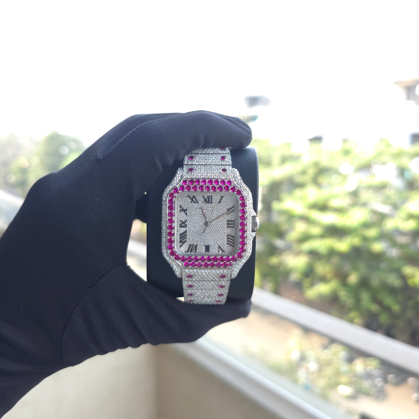 white & pink iced out 41mm watch – bust down watch