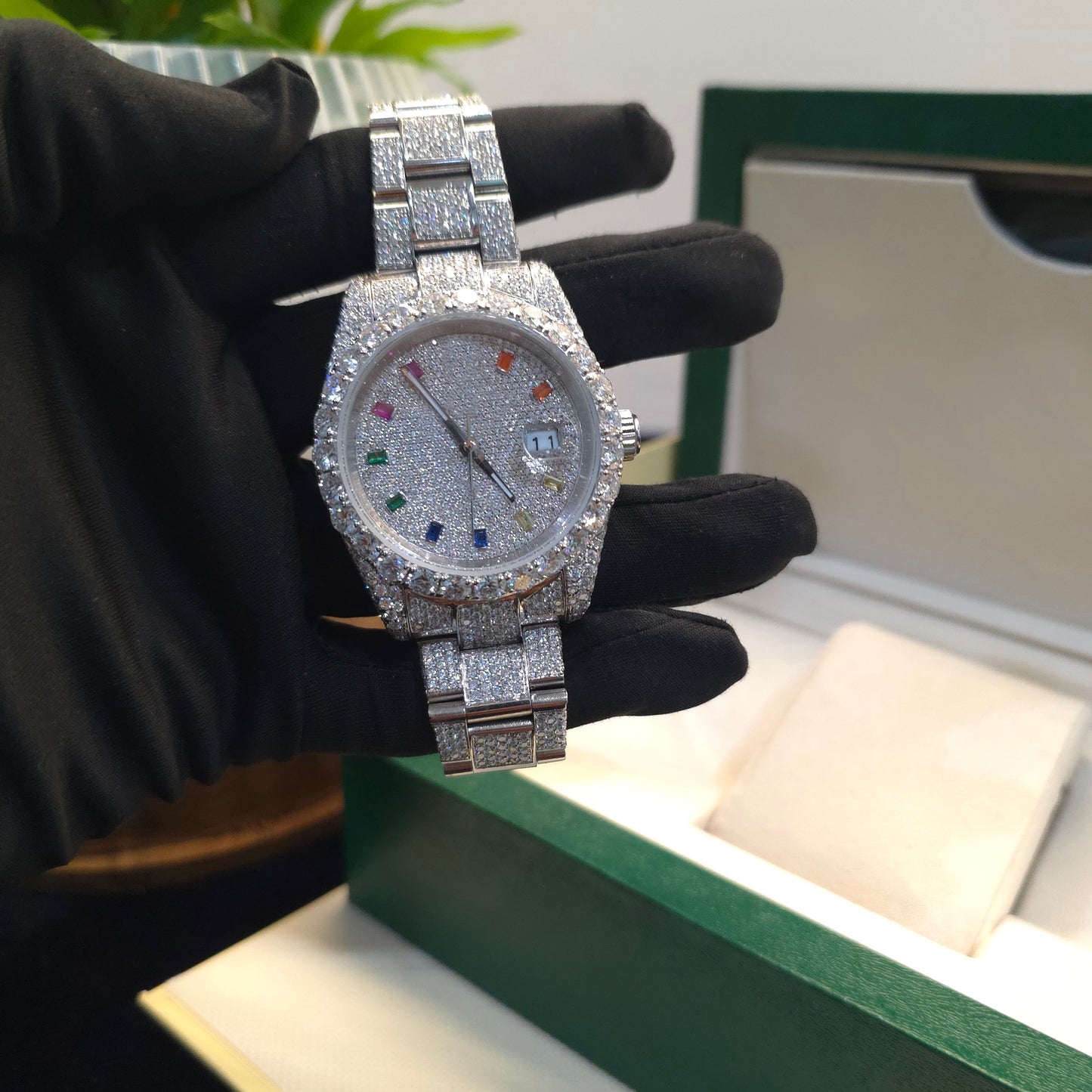 men’s iced out watch | 41mm | white | rainbow meena