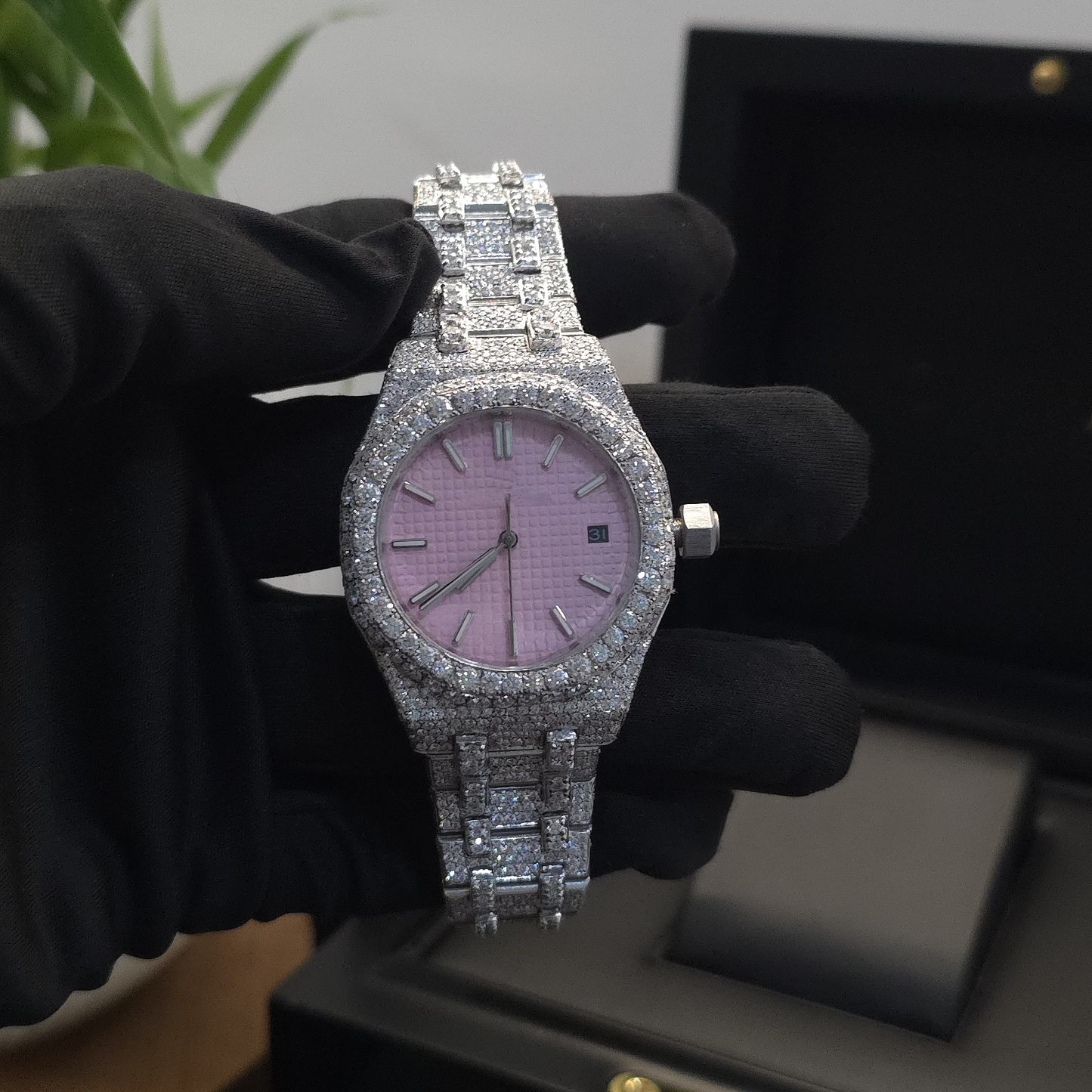 women’s iced out watch | 36mm | full white | pink dial | date display