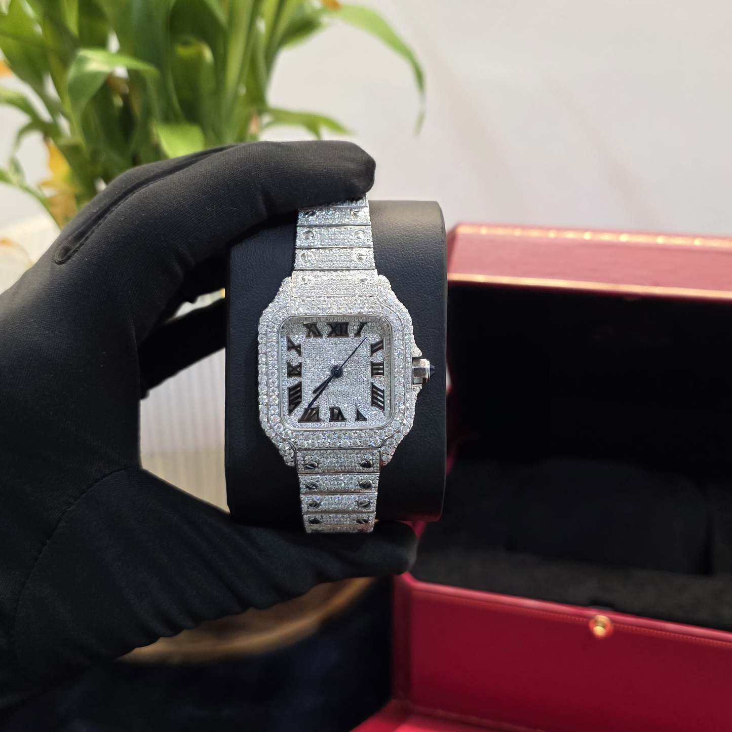 women’s iced out square watch | 36mm | full white | roman numeral dial
