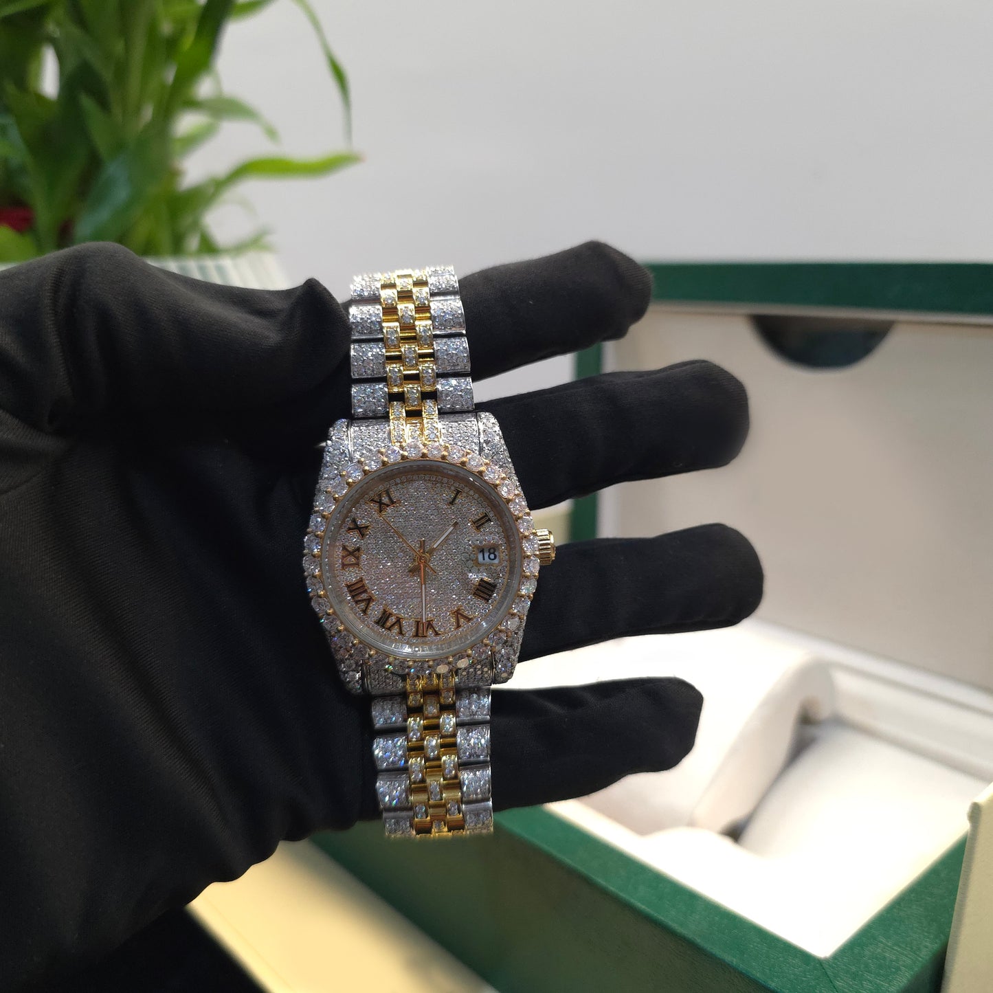 white & yellow iced out 36mm women watch – bust down watch