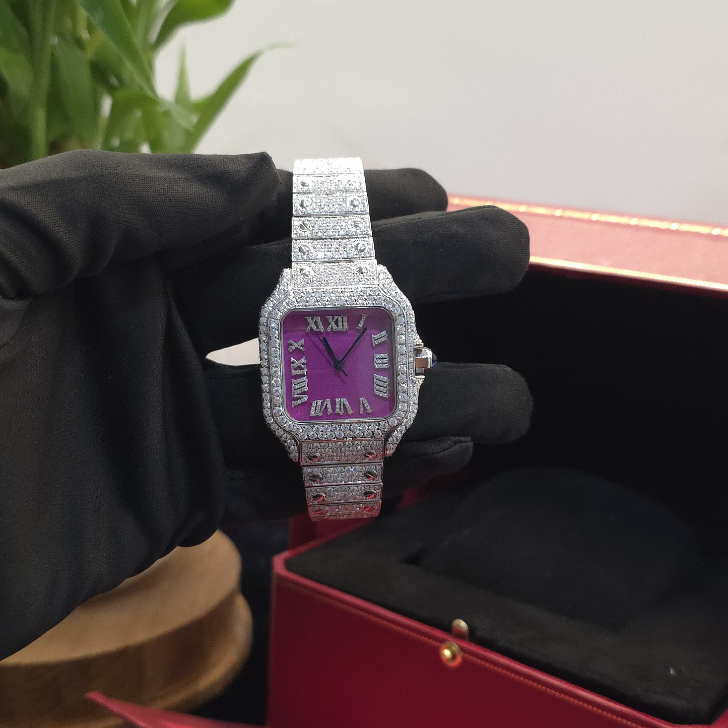 men’s iced out watch | 36mm | white finish | pink dial | roman numeral design