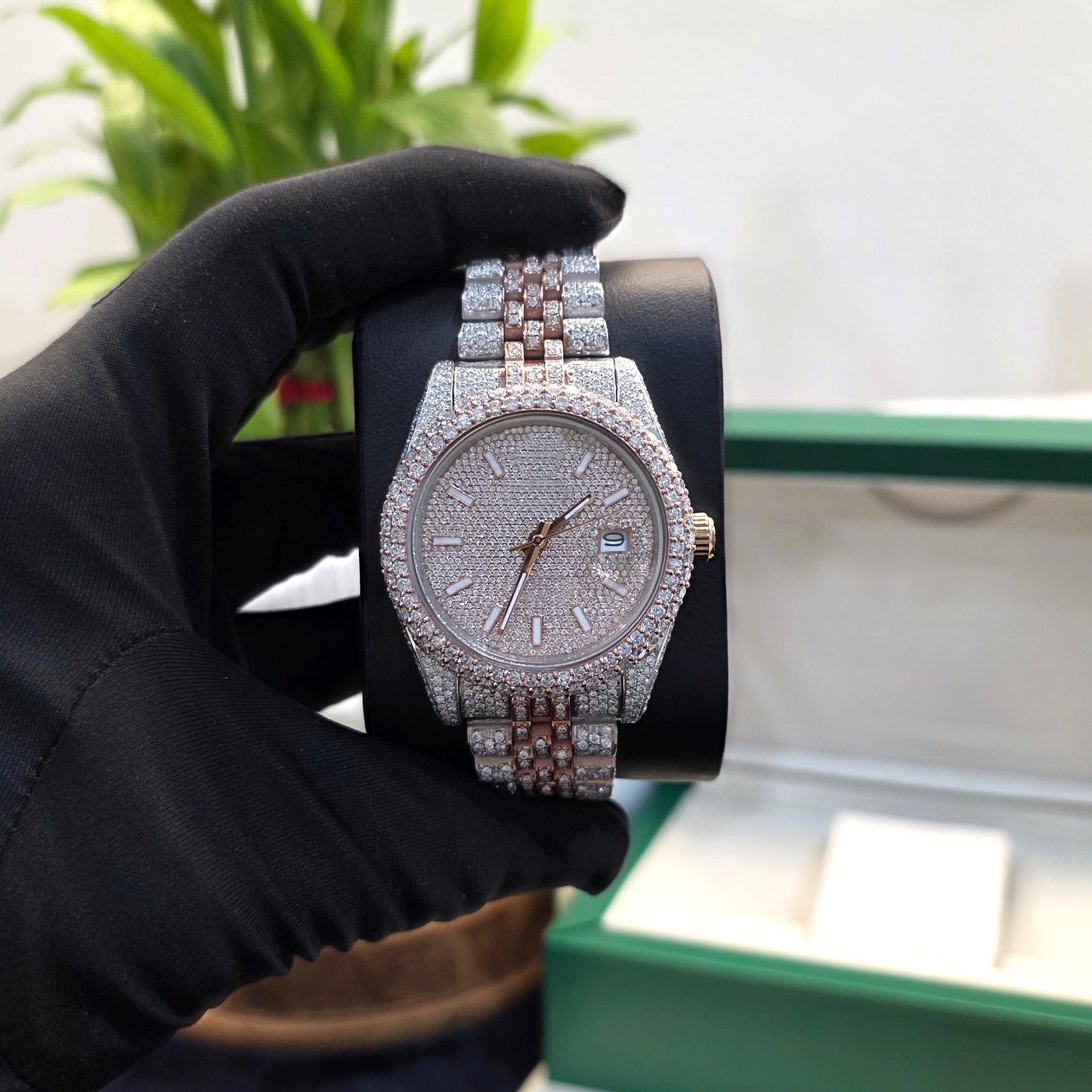 two-tone iced out 41mm men’s watch – moissanite bust down rose gold & silver