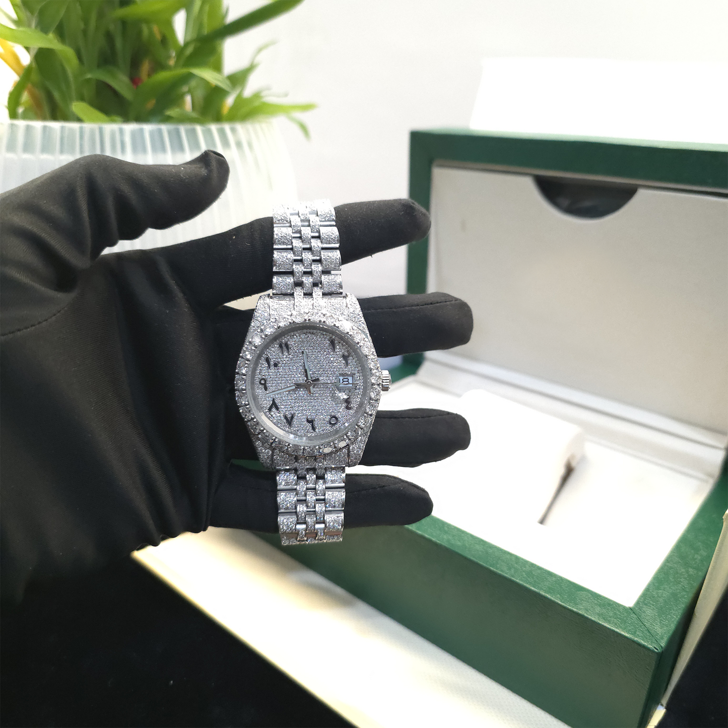 men’s iced out watch | 41mm | full white | arabic numeral dial | date display