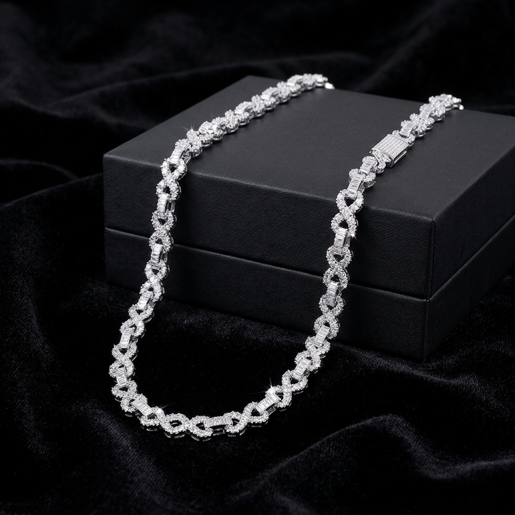 infinity link chain – baguette & round cut iced out necklace by finora jewelry
