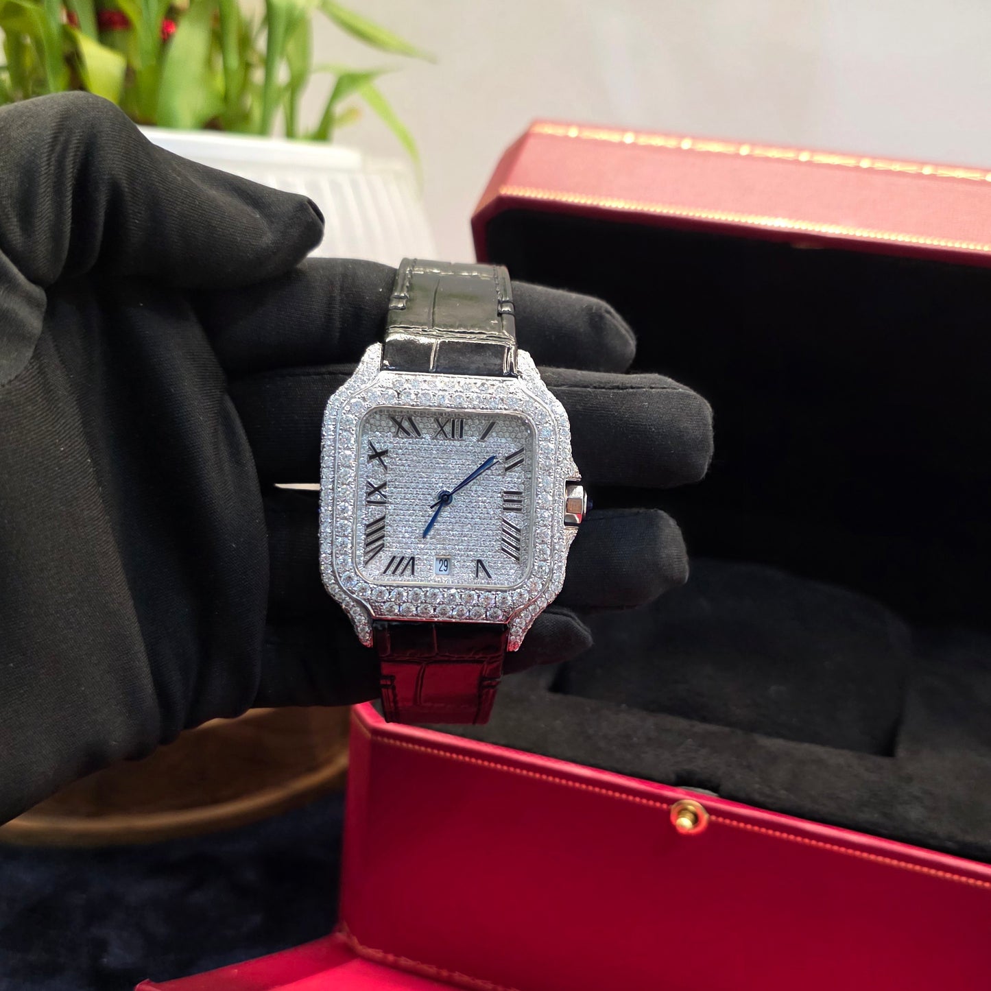 bust down watch – moissanite iced out watch 41mm white roman square dial black leather strap