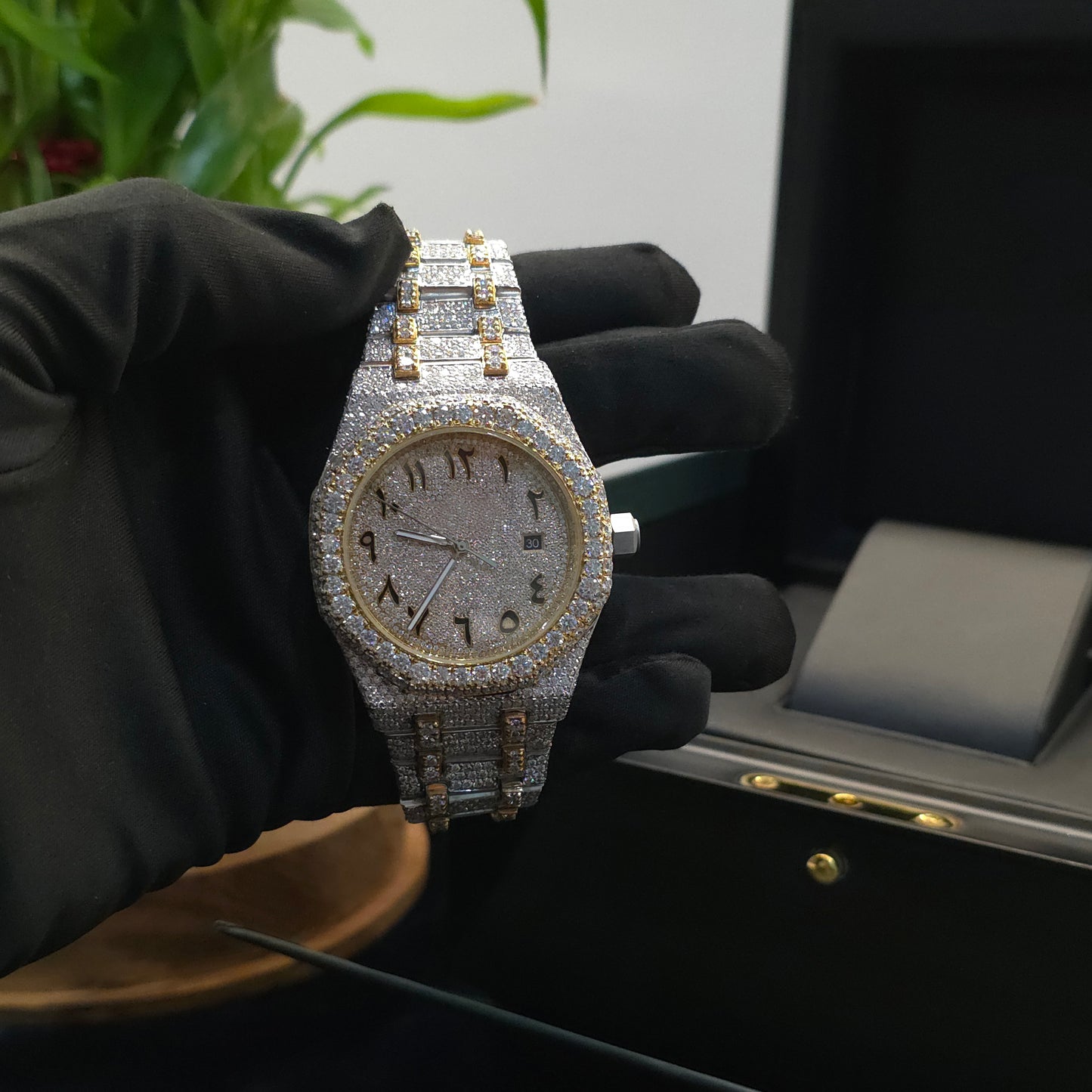 white & yellow iced out arabic dial watch – bust down watch