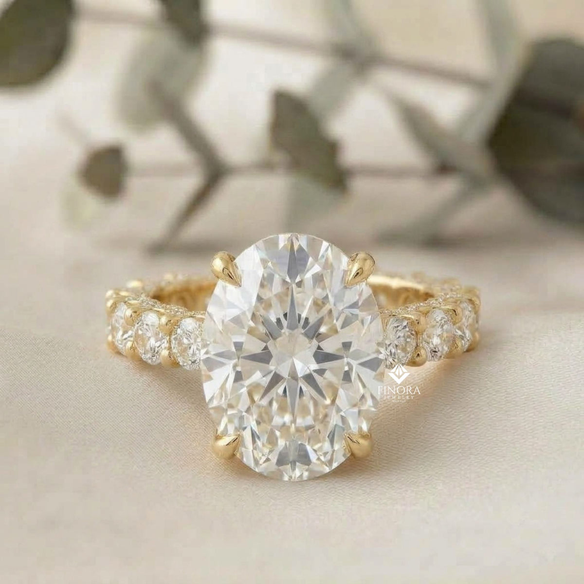 5ct oval cut lab grown diamond solitaire eternity ring – pave band, dainty gold fine jewelry
