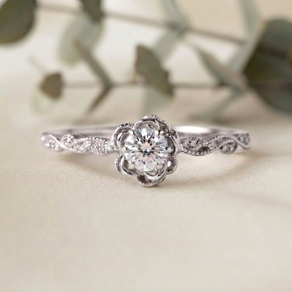rose flower engagement ring – botanical diamond vine band – romantic floral gold jewelry