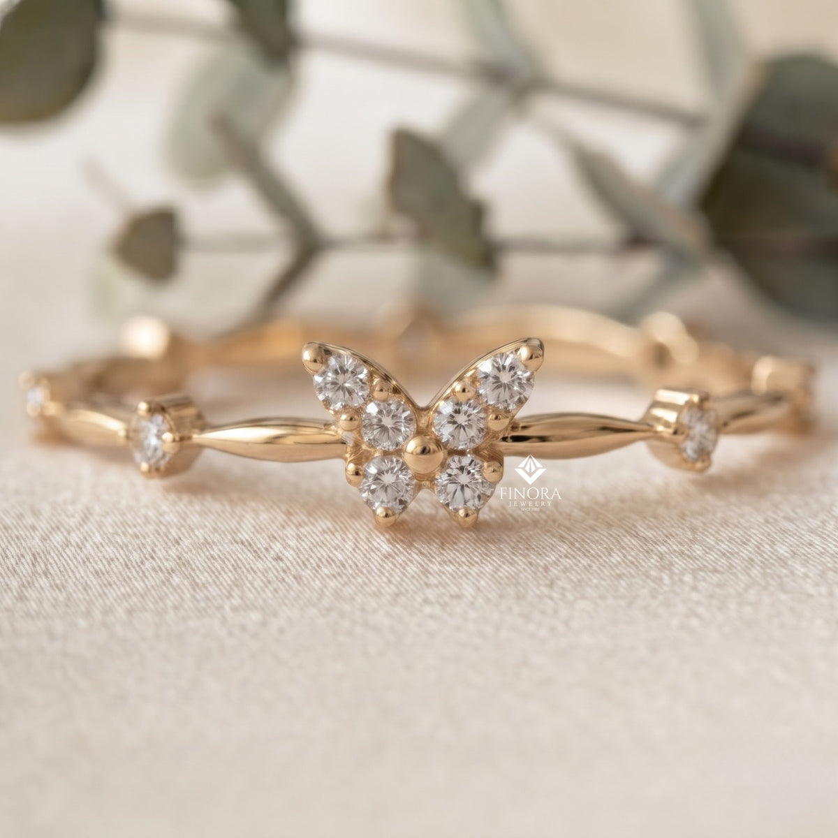 butterfly stacking ring – dainty diamond accent band – whimsical gold nature jewelry