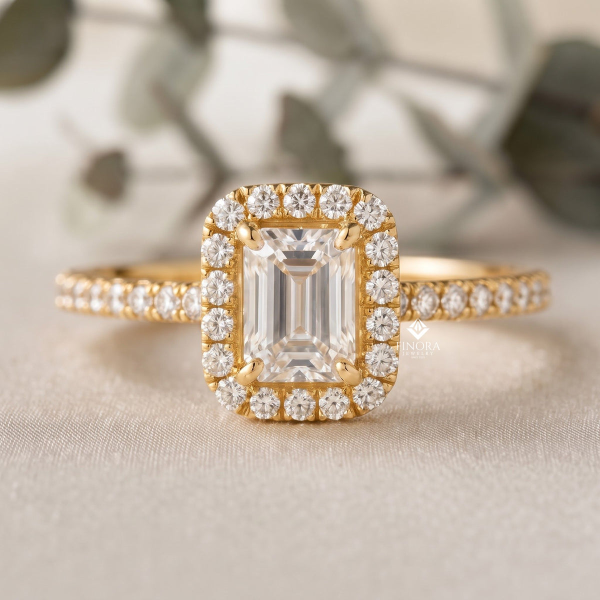 emerald cut halo ring – dainty pave engagement ring – romantic gold bridal jewelry