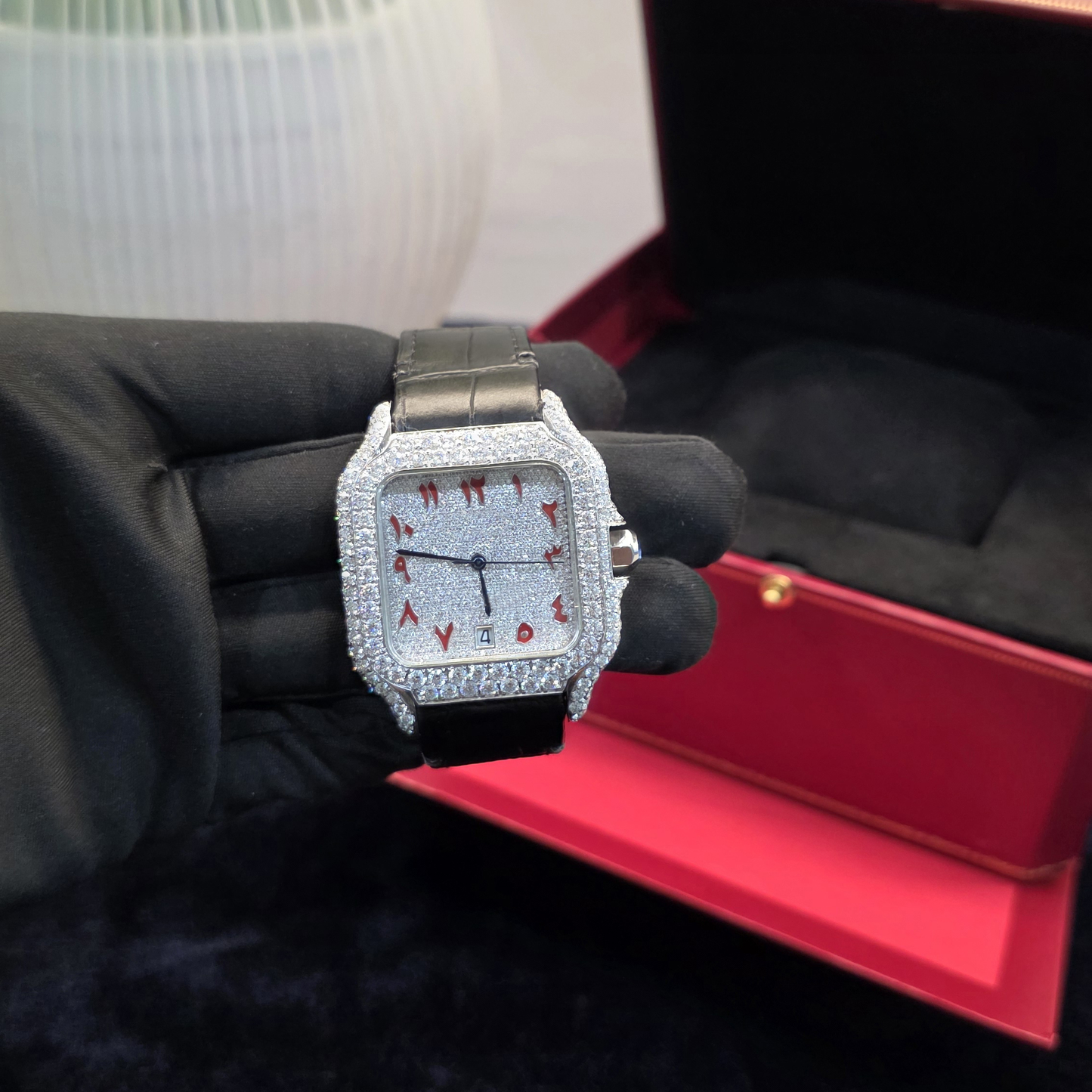 41mm bust down watch iced out watch – black leather strap red arabic square dial men watch