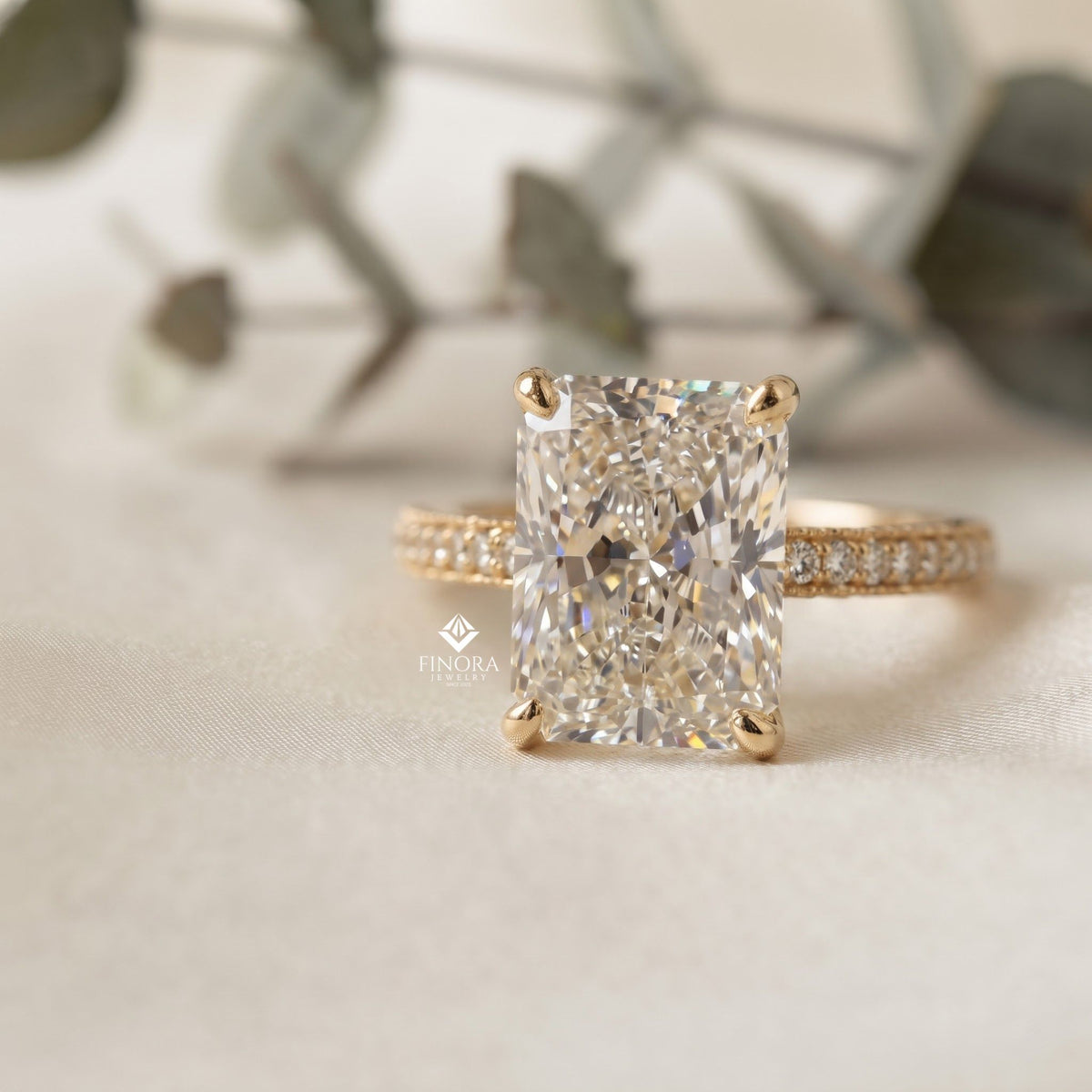 radiant cut moissanite engagement ring – hidden halo gold bridal jewelry