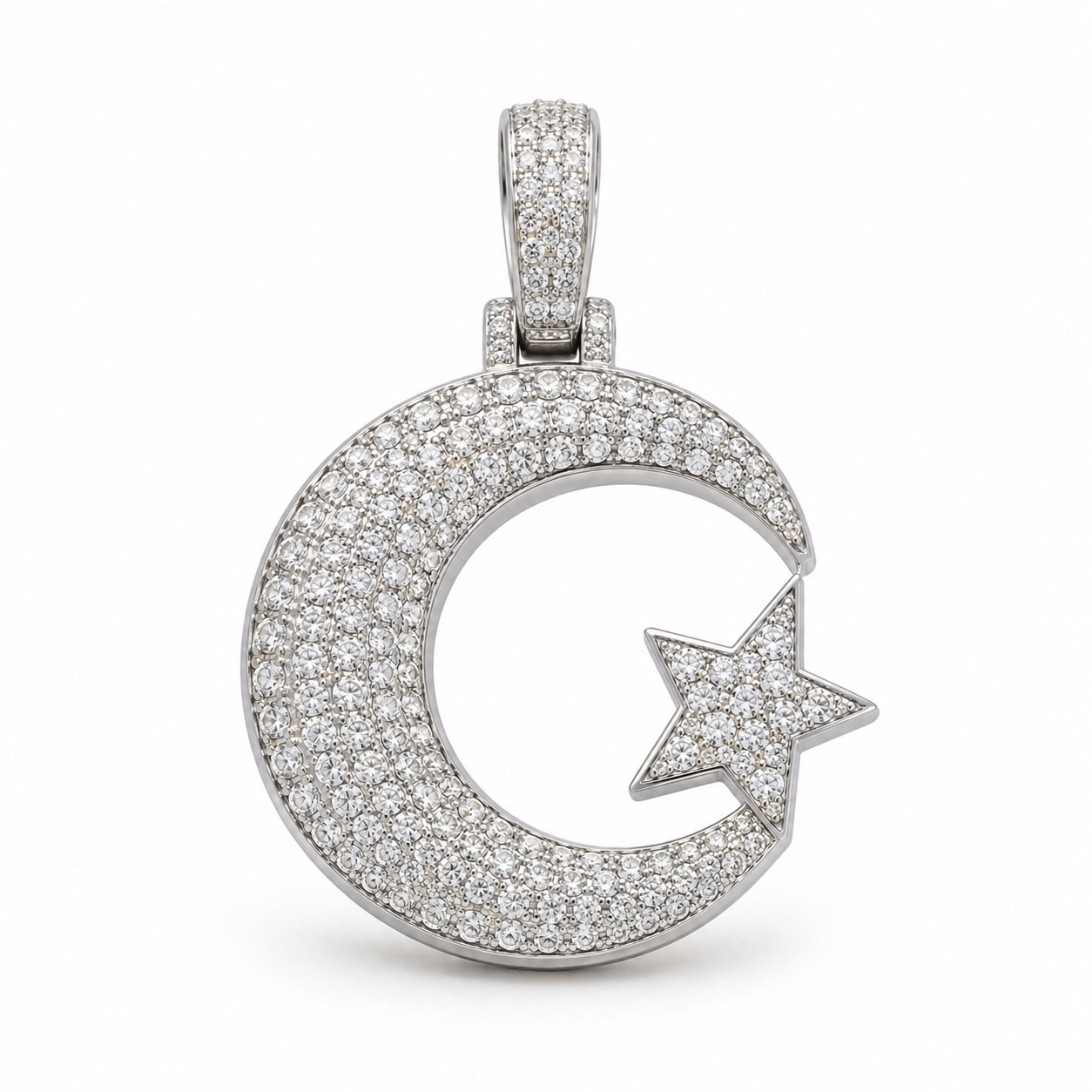 iced-out half moon & star moissanite pendant necklace | pavé set diamond crescent pendant | luxury jewelry – finora jewelry
