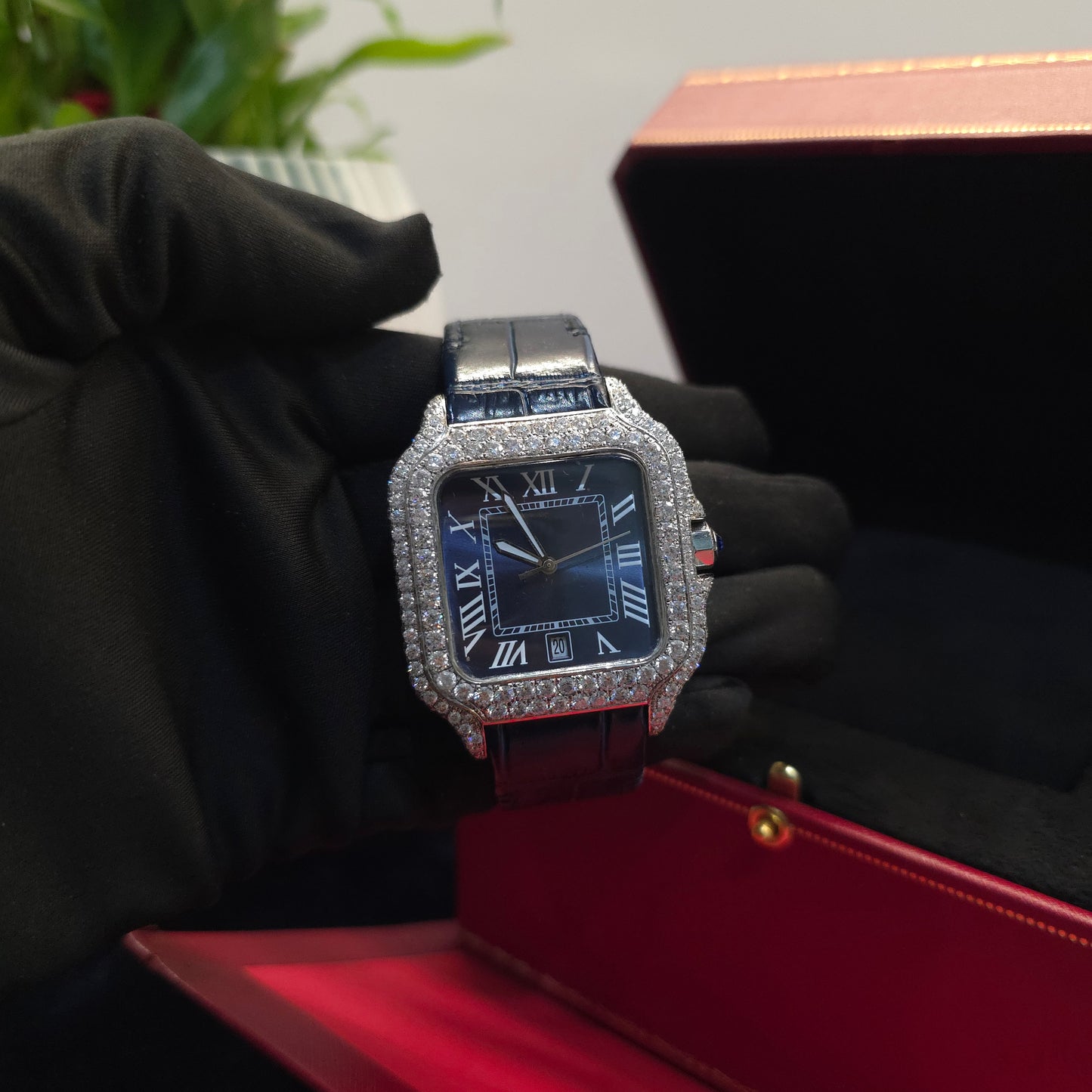 men’s iced out square watch | roman numeral dial | blue leather strap