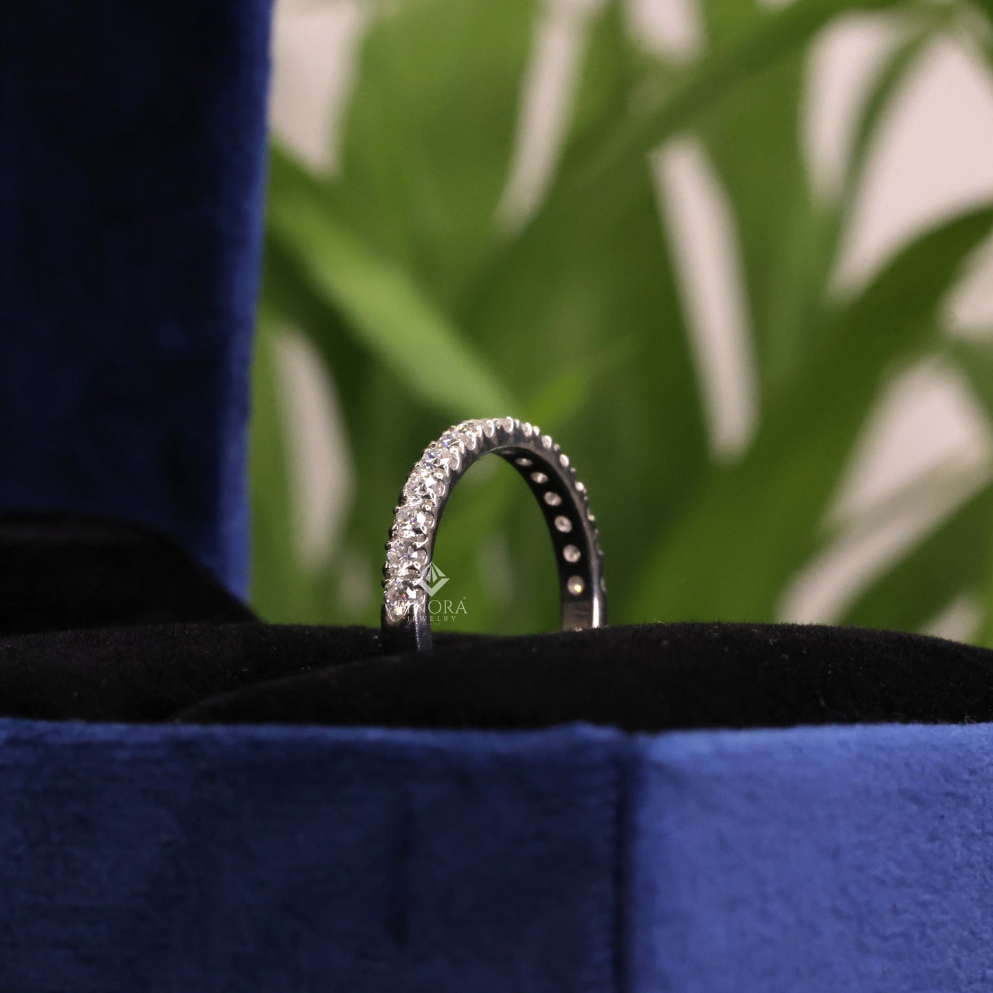 round cut moissanite pavé wedding band in 925 sterling silver / 10k & 14k gold