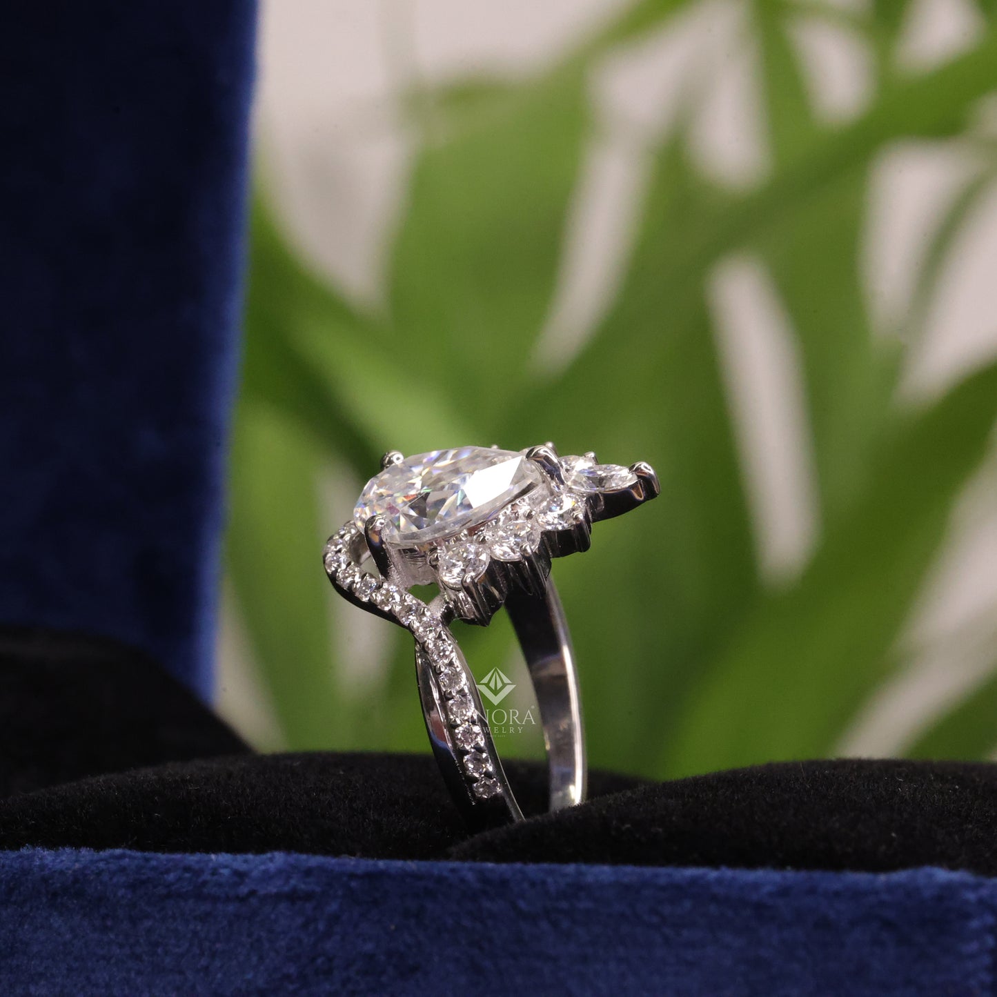 pear cut moissanite halo engagement ring 1.68 ct with marquise & round side stones in 925 silver / 10k & 14k gold