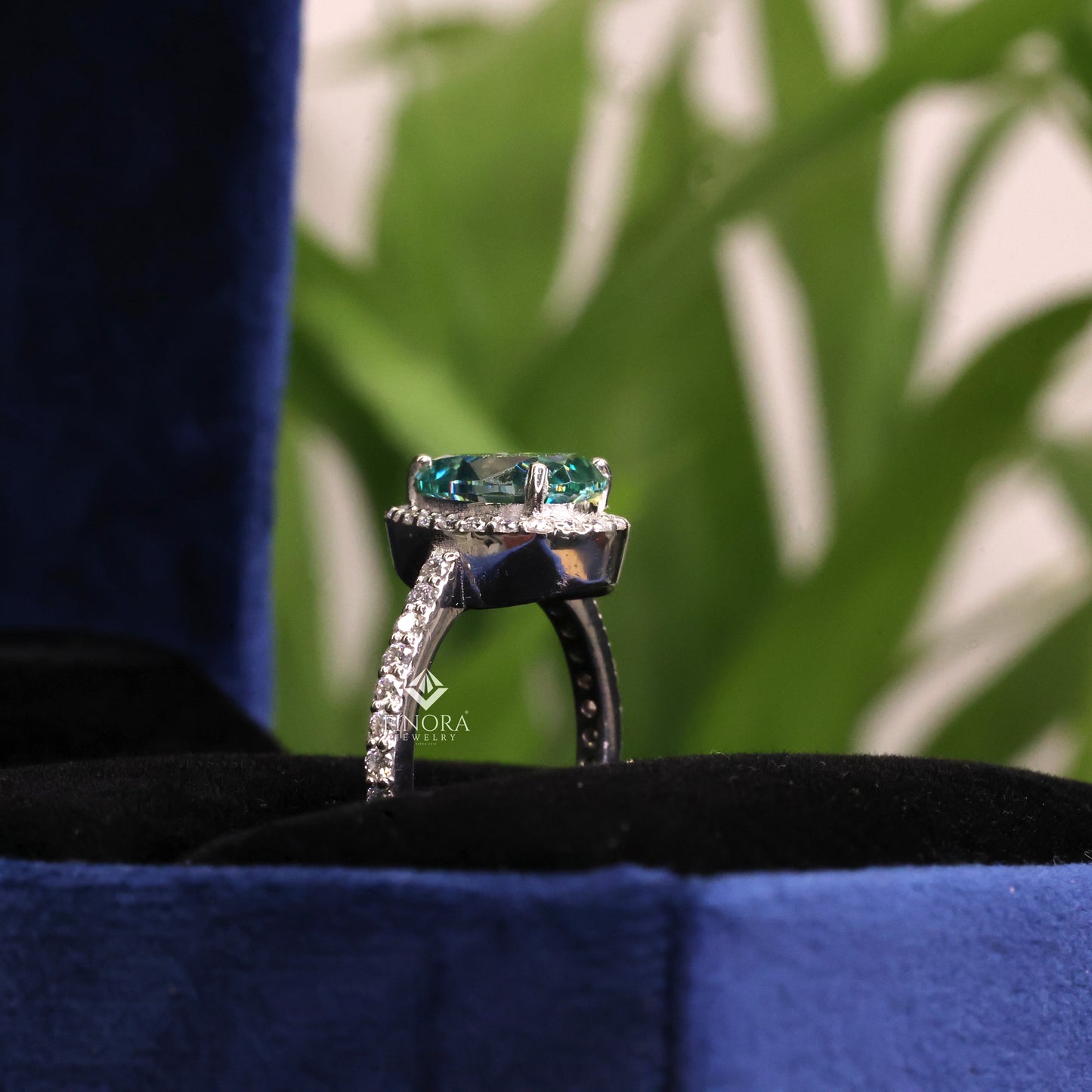 cyan blue pear cut moissanite halo engagement ring 2.30 ct in 925 silver / 10k & 14k gold