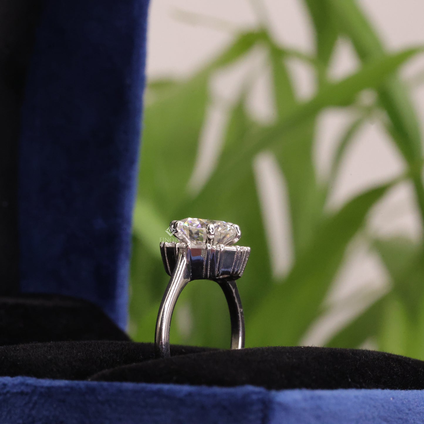 round cut moissanite halo engagement ring with baguette side stones in 925 silver, 10k & 14k gold – finora jewelry