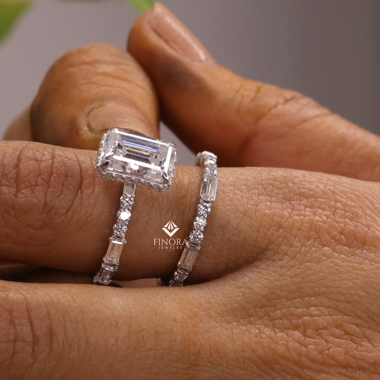 3.25 ct emerald cut moissanite bridal ring set | colorless vvs | baguette & round diamond band | finora jewelry