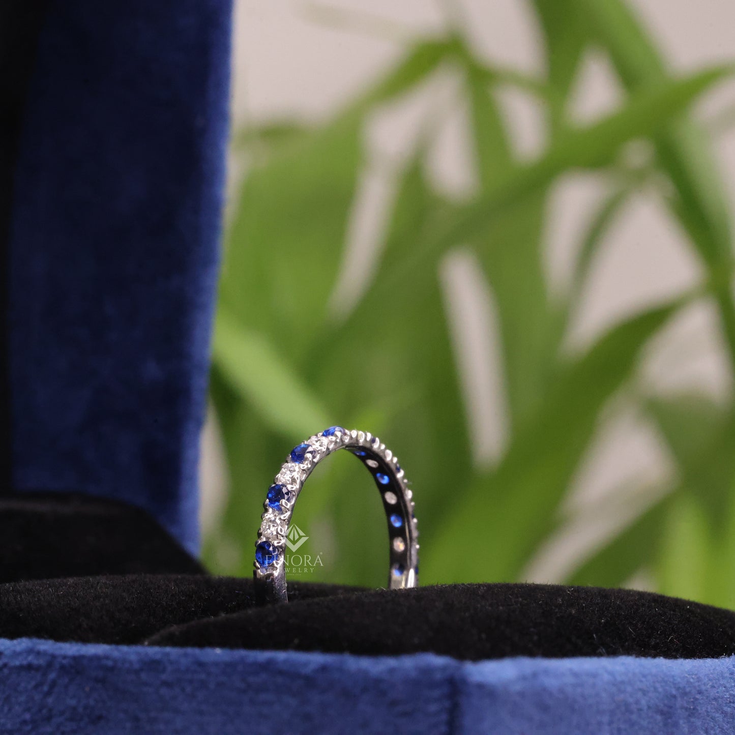 blue & white round cut moissanite half eternity wedding band, stackable ring – finora jewelry