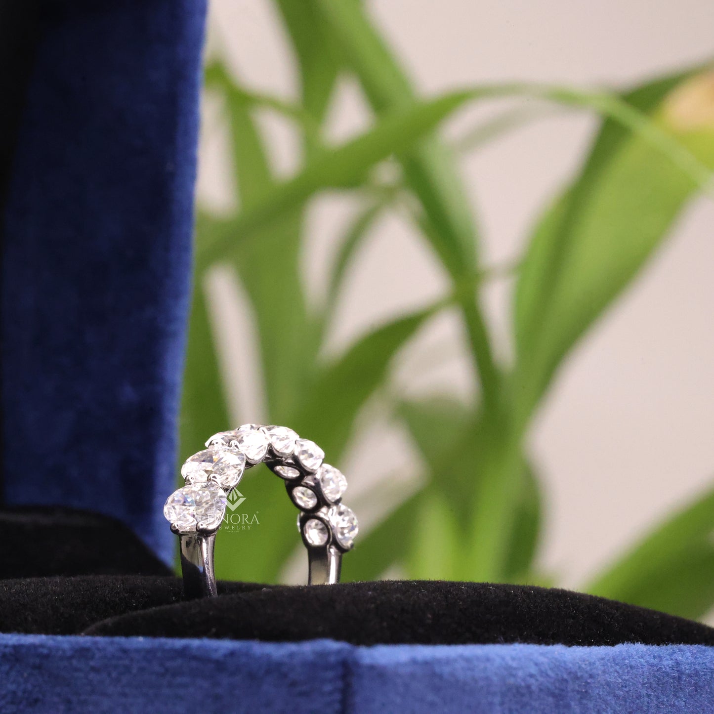 oval cut moissanite half eternity wedding band, stackable ring – finora jewelry