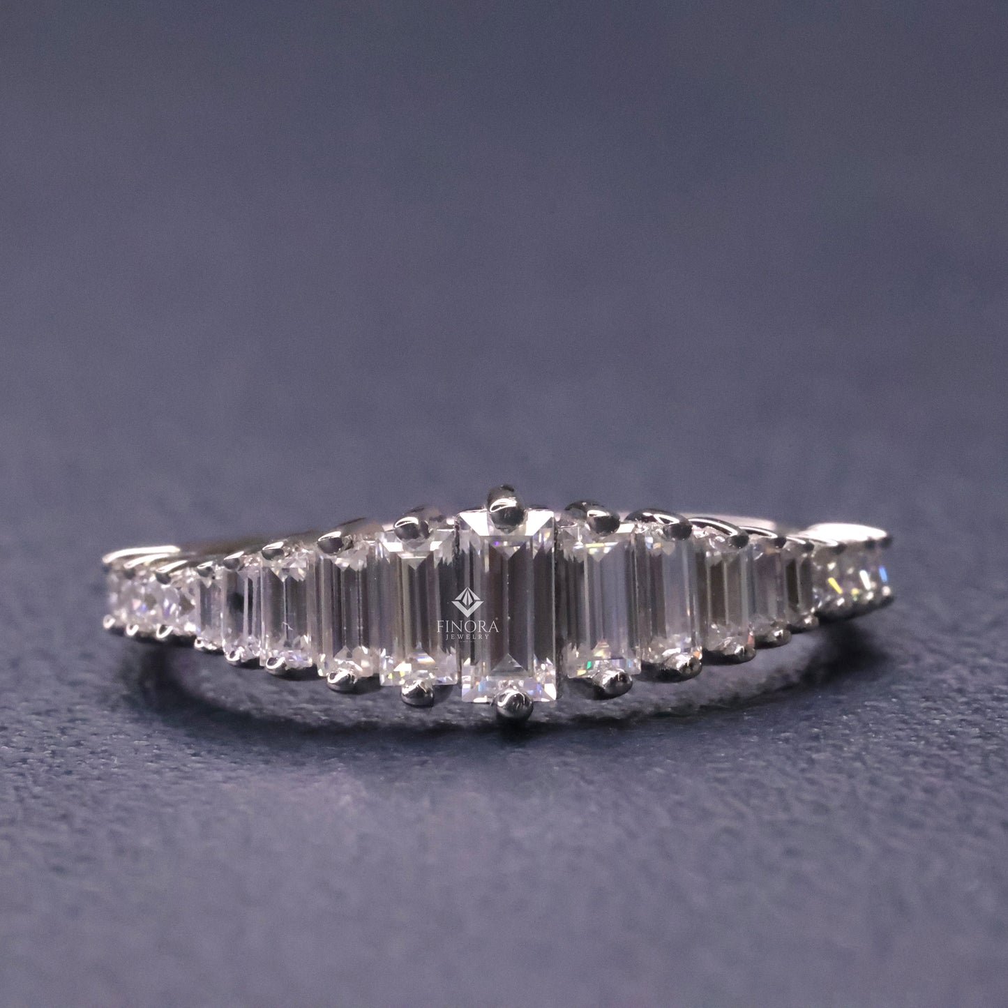 baguette & princess cut moissanite wedding band, modern half eternity ring – finora jewelry