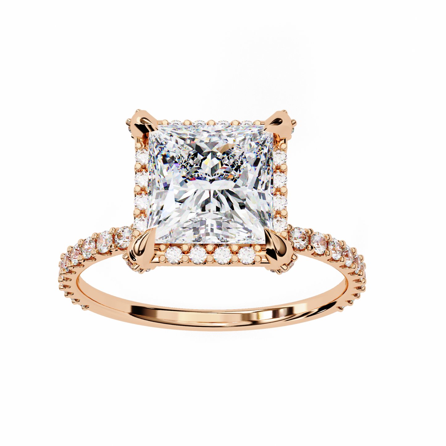 princess cut moissanite engagement ring with pavé band – sparkling halo for birthday, promise, or proposal gift – custom 925 silver / 10k / 14k gold / platinum – white / yellow / rose gold – finora exclusive