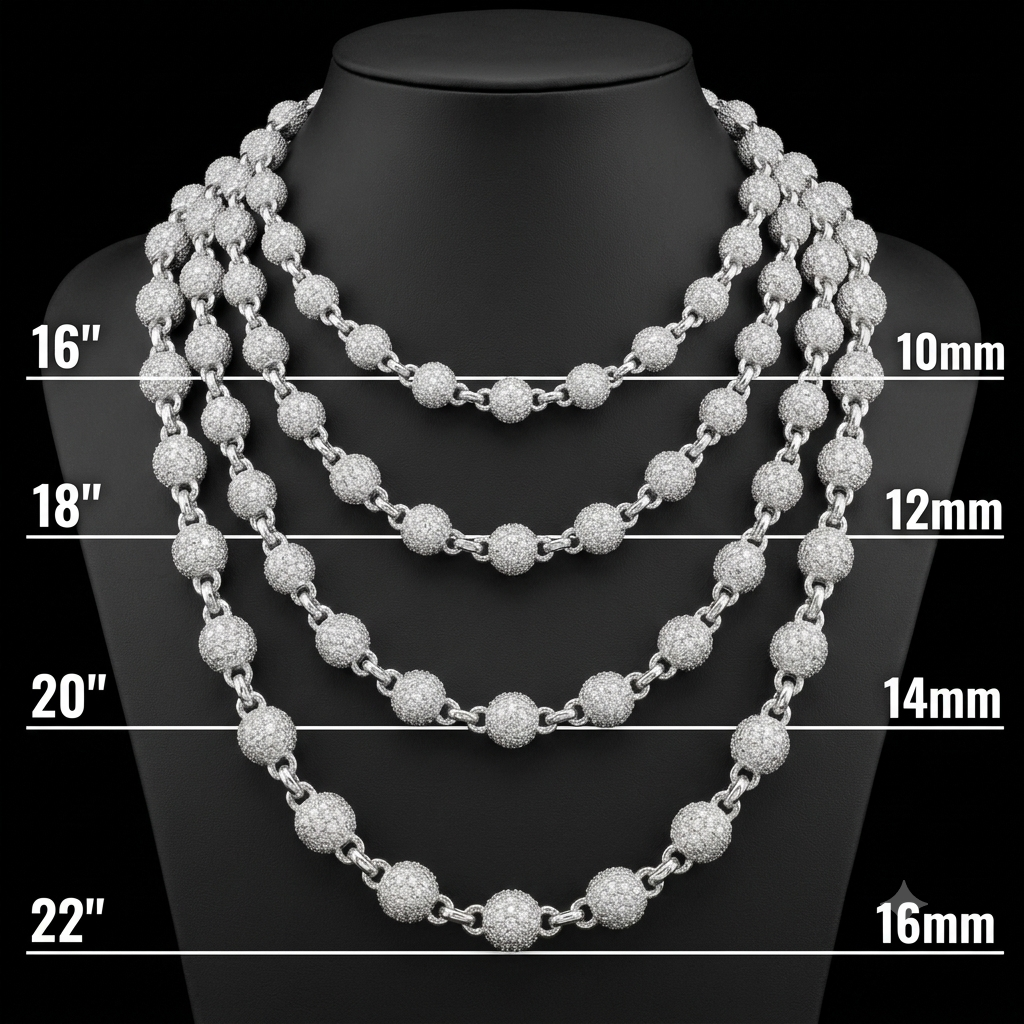 moissanite silver ball link chain - iced out round baller necklace