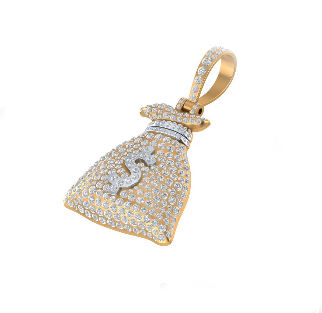 iced-out money bag moissanite pendant necklace | pavé set diamond bag pendant | luxury jewelry – finora jewelry