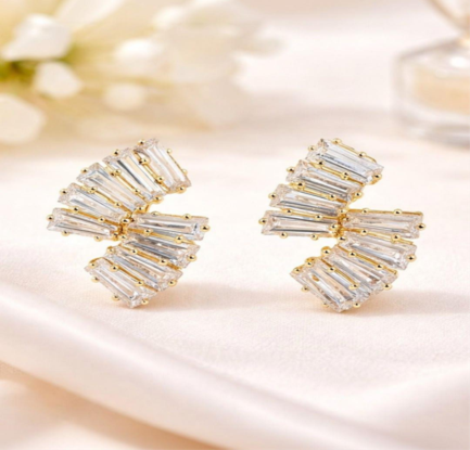 fan-shaped baguette crystal statement studs