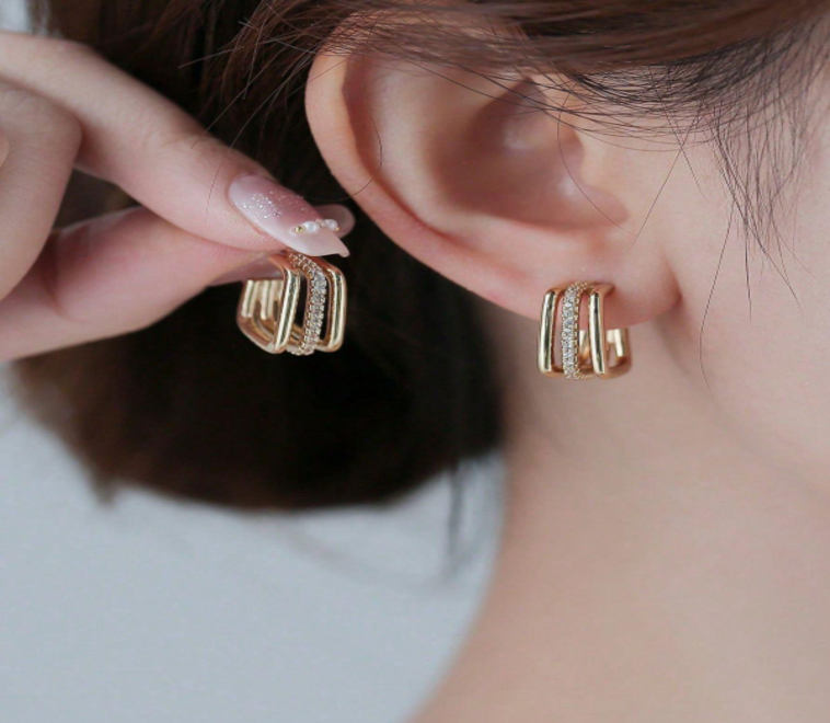 triple-band square hoop earrings with pave center