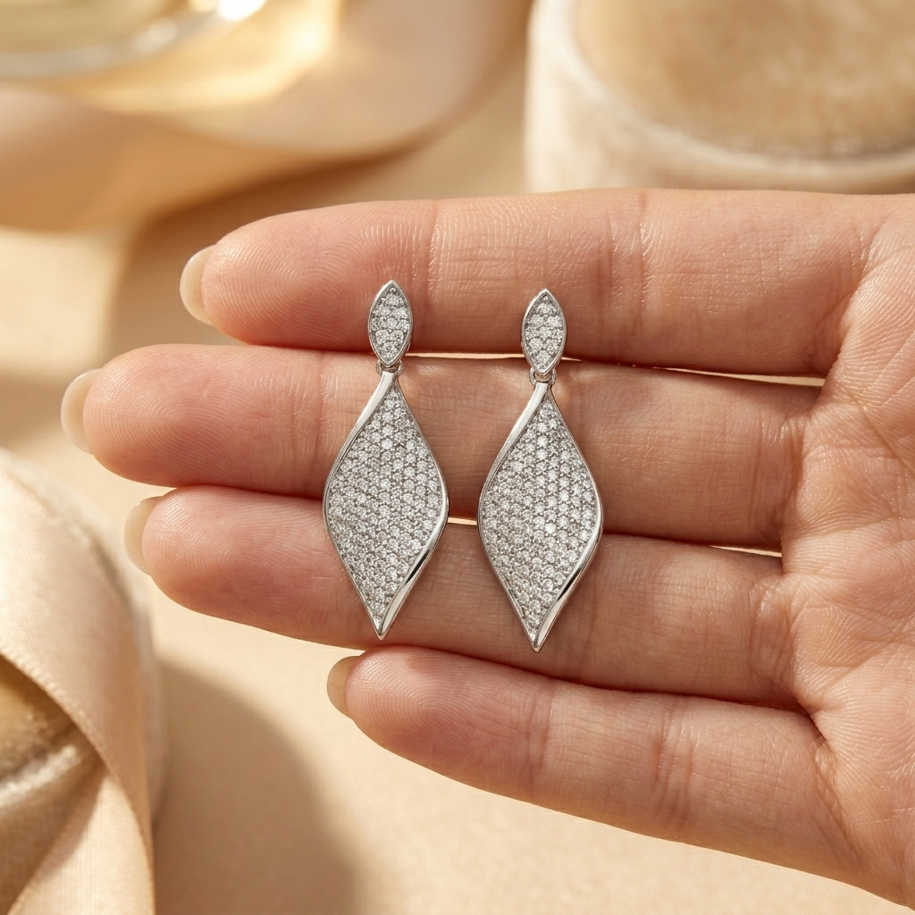 925 sterling silver marquise-shape pave drop earrings