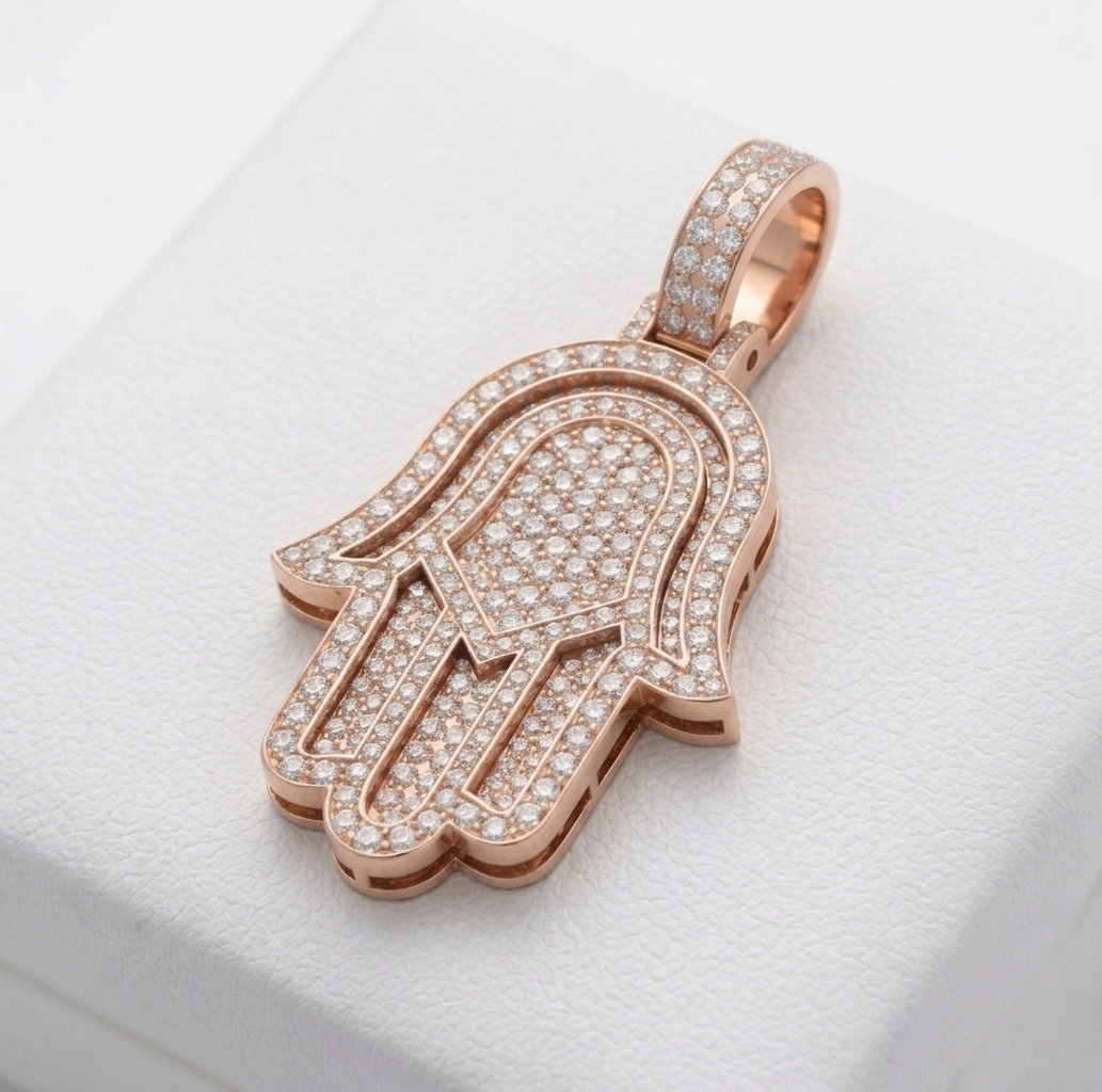 iced-out hamsa hand moissanite pendant necklace | pavé set diamond hand | luxury jewelry – finora jewelry