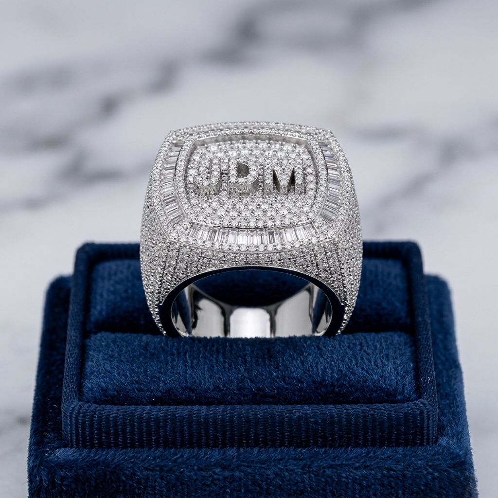 fully iced custom name ring – baguette & round cut diamonds by finora jewelry