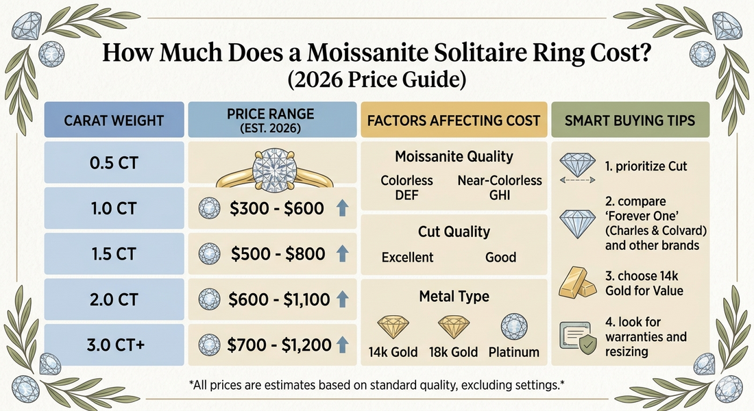 Moissanite ring cost guide for 2026. Chart lists carat weight (0.5 to 3.0+ CT) and estimated price ranges from $300 to $1,200+. Factors include stone quality, cut, and metal (14k, 18k, platinum)