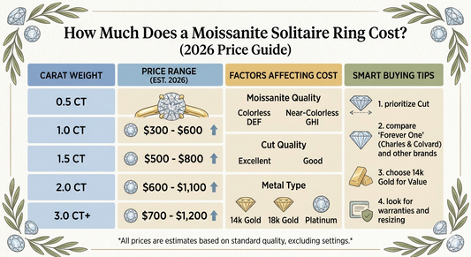 Moissanite ring cost guide for 2026. Chart lists carat weight (0.5 to 3.0+ CT) and estimated price ranges from $300 to $1,200+. Factors include stone quality, cut, and metal (14k, 18k, platinum)
