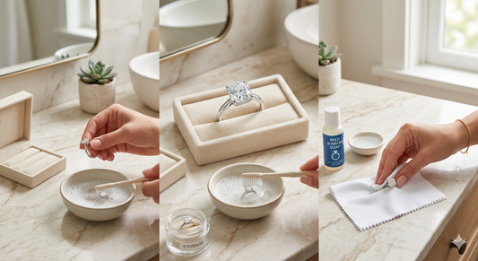 A three-panel image demonstrating how to clean a cushion-cut solitaire ring: showing brushing it in soapy water, the sparkling ring in a tray, and a final step with jewelry soap and a cloth.