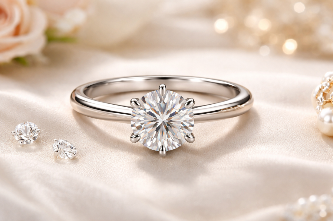 solitaire moissanite engagement ring vs diamond ring side by side comparison showing sparkle and brilliance difference