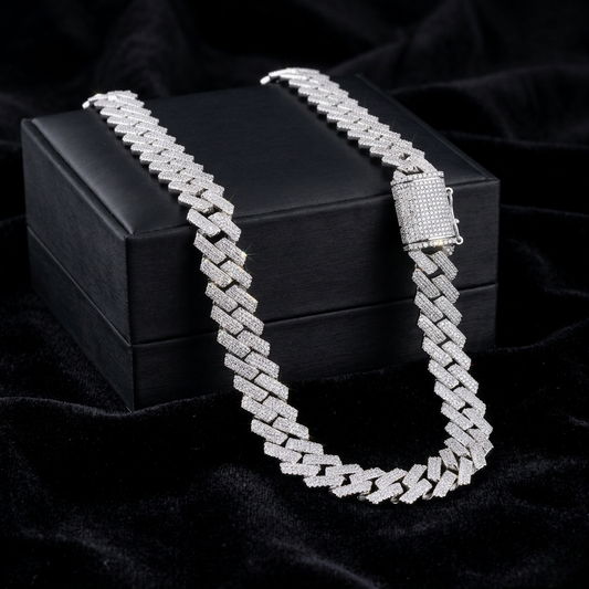 Iced  Cuban Square Link Chain – 22 MM White Gold Finish with Moissanite Stones & Box Clasp