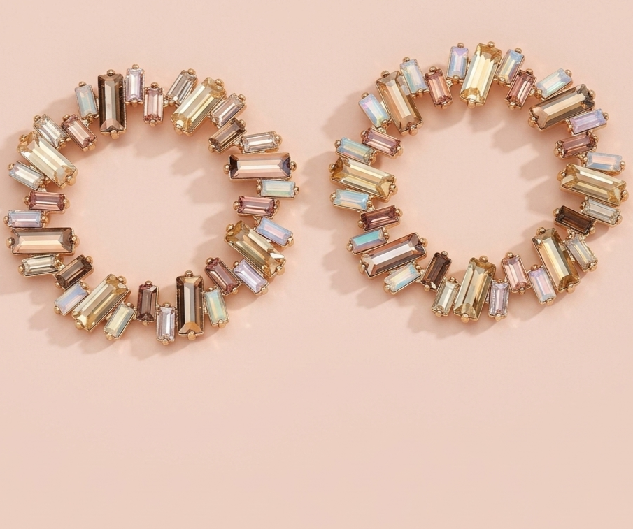 rhinestone round decor earrings-baguette crystal hoop earrings
