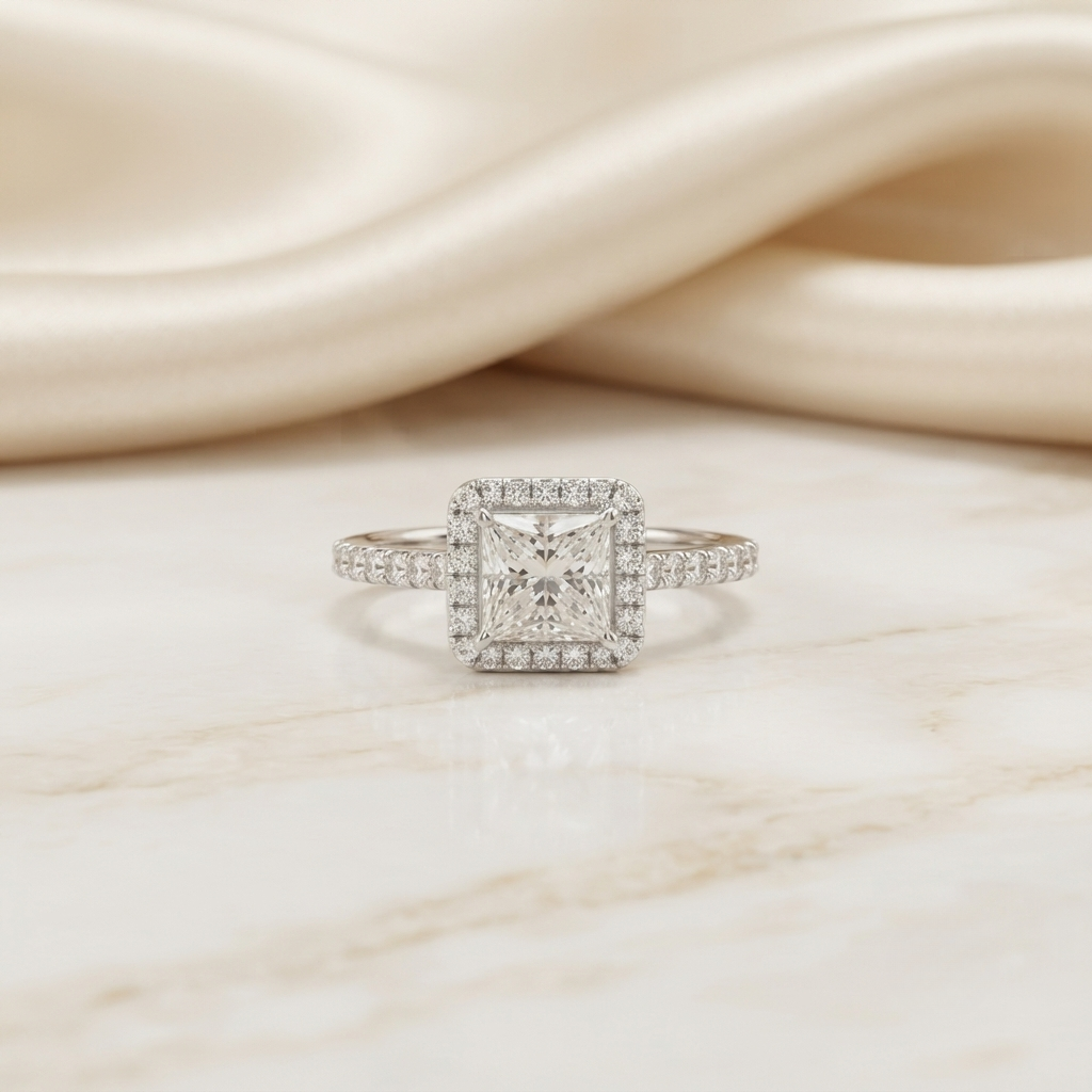 1.50 ct princess cut moissanite halo engagement ring in 925 silver / 10k & 14k gold