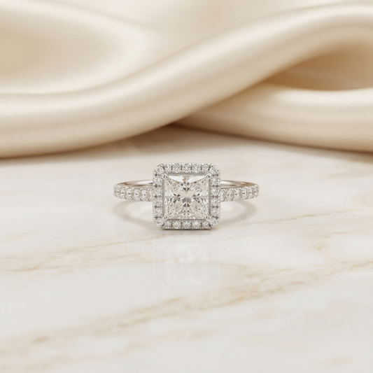 1.50 CT Princess Cut Moissanite Halo Engagement Ring in 925 Silver / 10K & 14K Gold