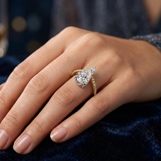 Pear Cut Diamond Engagement Ring with Accent Pear & Pavé Band in 925 Silver, 10K/14K Gold, or Platinum – Finora Jewelry