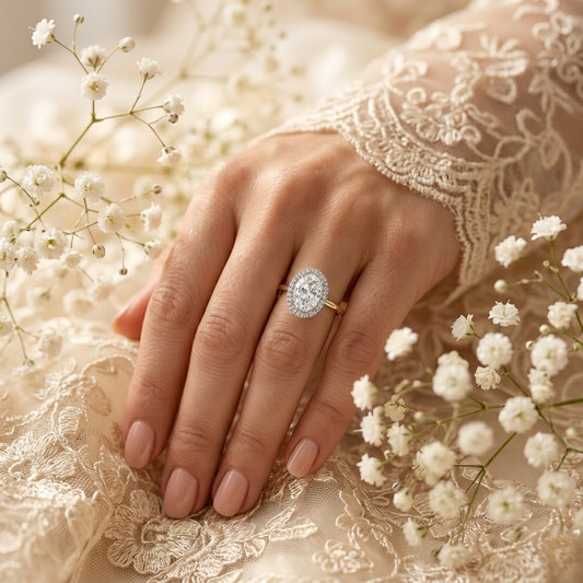 Oval Cut Moissanite Halo Engagement Ring – 925 Silver / 10K / 14K / Platinum / White / Yellow / Rose Gold – Finora Jewelry