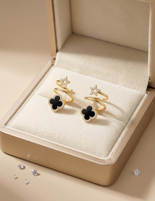 Gold-Tone Black Clover & Star Mismatched Ear Cuff Earrings
