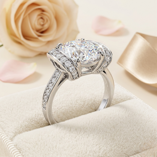 Bold Round-Cut Diamond Ring with Pavé-Set Accent Bands in 925 Silver, 10K / 14K Gold, or Platinum – Finora Jewelry